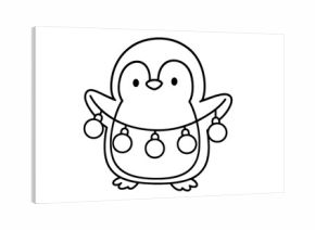 Cute penguin holding christmas lights in black and white outline drawing