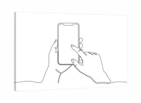 Drawing of hands holding a smartphone with a touchscreen, in one line art style. Illustration with editable stroke. Vector illustration.