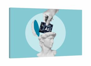 AI technology integrated into art and culture, thinking process modernization. AI integrating with human intelligence, evolution of technology and mind