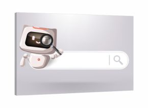 Search bar and AI chatbot assisting in finding information and providing solutions. Technology supports data retrieval and analysis. Artificial intelligence robot helping answer questions, generating.