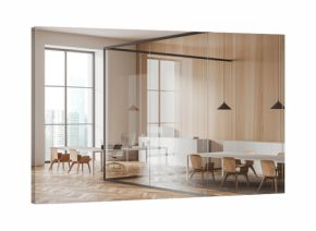 Contemporary office interior featuring wood panel walls, glass partitions, and modern furniture on a bright cityscape background. Concept of workspace design. 3D Rendering