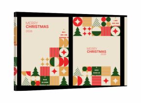 Set of festive geometric Christmas pattern greeting card for Merry Christmas holiday in modern abstract vector design for celebration.