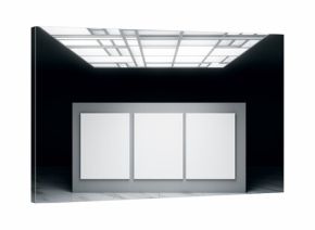 Blank vertical canvases displayed on a modern wall panel in an empty gallery room with geometric ceiling lights above for presentation concept. 3D Rendering