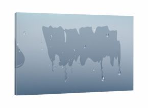 Wiped misted glass or mirror. Vector realistic, misty surface with condensation or vapor from bathroom. Window at winter, liquid drops falling down. Wipe stains made by hand or fingers