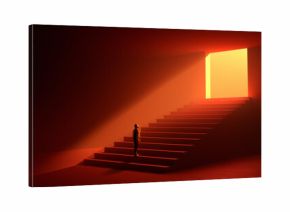Vibrant collage. Man on red staircase facing glowing doorway in surreal minimal space. Concept of digital transformation, leadership growth, branding visuals, self-development storytelling.