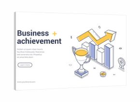 Isometric web banner for business achievement. Vector illustration template with trophy and growth chart. Modern landing page for success strategy and corporate development