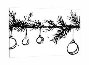 Hand drawn Christmas pine branch garland with hanging baubles and balls Vector sketch illustration of festive winter border decoration