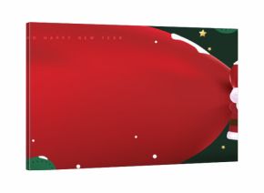 Santa Claus with a red huge bag on the run to delivery christmas gifts at snow fall winter landscape for holiday promotion poster header and online advertising design