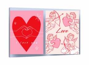 Creative concept of Happy Valentines Day cards in trendy hand drawn style with heart cake, hands making heart, little Cupids and love letter. Template for ads, branding, banner, cover, label, poster.
