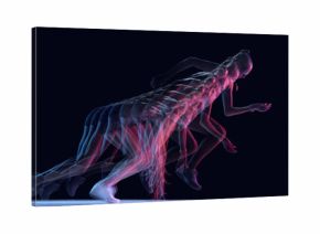 High-speed motion-trail of athlete pushing into sprint start in dark studio. Concept of starting mechanics, explosive-power training, movement analytics, and professional sports visuals.