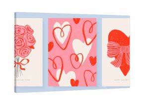 Trendy Valentine's Day cards with hand-drawn hearts, roses, bows, and lettering. Modern style with casual illustrations and grainy textures. Vector