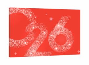 Happy New Year 2026 beautiful sparkling design of numbers and stars on bright red background. Modern winter holiday greeting banner, poster or greeting card template.