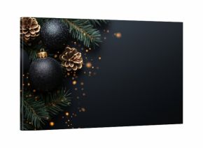 Christmas black decoration and spruce tree on black background. Merry Christmas and Happy Holidays greeting card, frame, banner. New Year. Noel. Winter festive xmas theme.  
