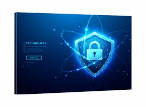 Cyber security concept. Digital shield icon with lock symbol glowing in blue light. Modern cyber protection concept for network safety, data security, and privacy defense systems.