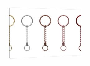A set of identical metal rings with chains in gold, silver, copper, and bronze, keychain fittings.