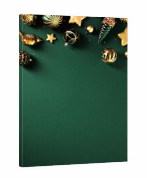 Luxury Christmas vertical background with gold and green ornaments, baubles, stars, pine cones on dark green table. Art deco style poster design.