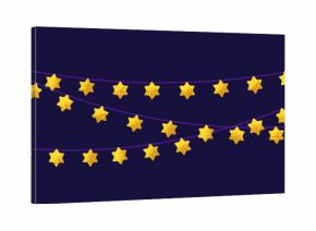 Festive David stars, Jewish light garland, banner background. Hanging golden starry decoration, ornament on string, decor for Jew holidays, Hanukkah, Shabbat celebration. Flat vector illustration