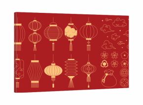 Chinese New Year 2026 vector illustration for Year of the Horse with gold line art horses, lanterns, lotus flowers, cloud symbols, geometric frames, round patterns and festive decorations. Suitable fo