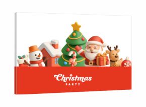 Christmas party banner. 3D cheerful Santa Claus character with gift, Christmas tree, snowman, deer, Christmas decoration, candy, snowy house. Vector illustration.