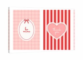 Set of Valentine's Day frames with text on seamless pattern background. Postcard with coquette border and hearts. Vintage whimsical design. Checkered and striped backdrop. Vector illustration