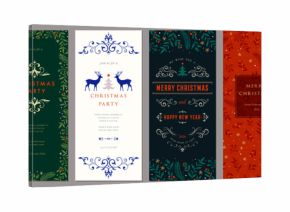 Winter Holiday cards. Abstract Christmas tall templates 4x9 with decorative Christmas Tree, reindeers, ornate floral background and frame with copy space and greetings.