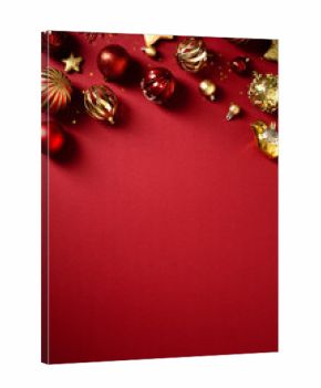 Elegant Christmas border of golden and red holiday ornaments on a vertical red background.