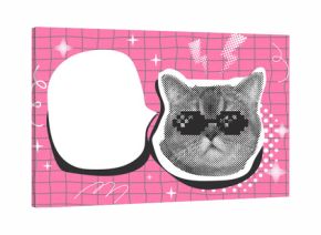Halftone effect funny cat heads. Trendy retro y2k pet, funky emoticon animal, pop aesthetic. Meme head Punk collage made from elements. Cat, animal, pet from different angles, different poses, 