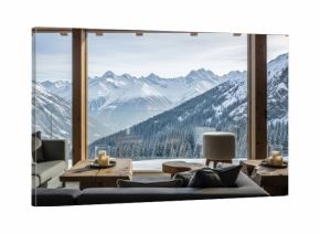 Cozy modern living room with large windows overlooking majestic snowy mountain range