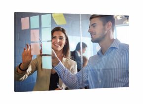 Planning, sticky notes or people in meeting with glass wall, feedback or idea for company proposal. Happy, team or marketing director in office with board, collaboration or brainstorming for campaign