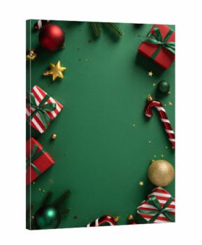 Vibrant vertical Christmas scene with red and green gifts, candy canes, baubles, and sparkling ornaments arranged on a green backdrop, conveying festive decor, holiday mood, and New Year celebration
