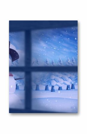Image of shooting star and window over snowman in winter scenery