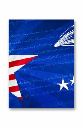 Image of star in colours of usa flag and blue striped background with writings