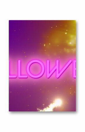 Image of shooting star over neon halloween text banner against light spots on purple background