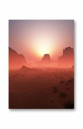 Czerwony skalisty pustynia krajobraz w mgle przy zmierzchem. Zdjęcie panoramiczne