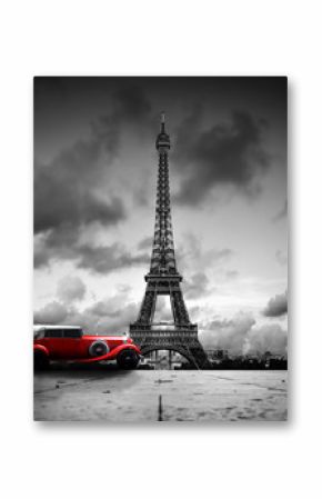 Wieża Effel, Paryż, Francja i retro czerwony samochód. Czarny i biały