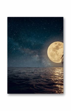 Beautiful fantasy tropical beach with star and full moon in night skies - Retro style artwork with vintage color tone