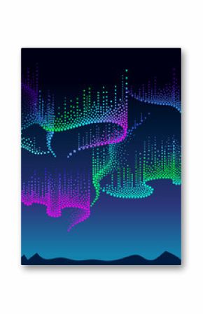 Vector panorama of Polar sky with color northern or polar light. Night landscape with dotted swirls of Aurora borealis lights in dotwork style on the dark background for space or galaxy design. 