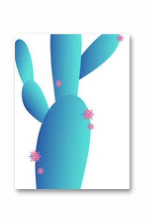 Flat-design cactus is blooming with pink star flowers and desert mounds on transparent background