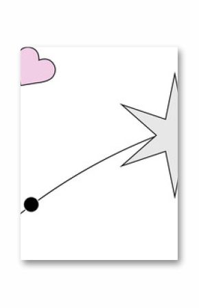 Pink heart and white star are being linked by black arc in flat vector, transparent background