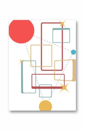 Flat design network is linking shapes with dashed lines, star motifs on transparent background