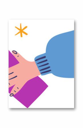 Hand in blue sweater is gripping magenta bottle in flat design, orange star on transparent bg