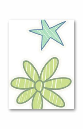 Flat cartoon star and flower shapes are floating with white border on transparent background