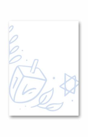 Blue art showing spinning dreidel beside leafy branch, dots and six-pointed star on clear backdrop