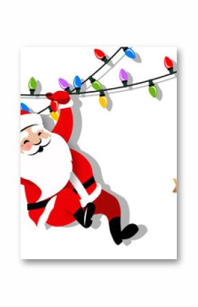 Cartoon Santa is swinging from festive lights in flat style, floating stars, transparent background