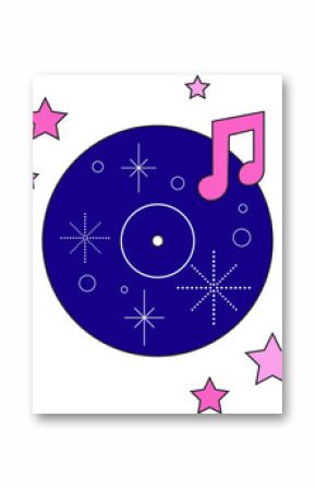 Music disc is floating on transparent background in flat design with star motifs and music note