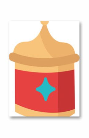 Showing jar with golden lid and turquoise star motif on transparent background, flat vector style