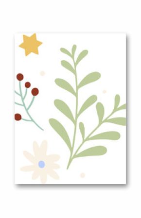Botanical motifs are floating on transparent vector layer with branch berry twig flower star dots