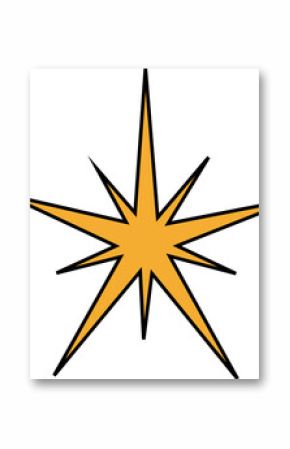 Displaying flat golden orange 8-pointed star with alternating long or short rays on transparent canv
