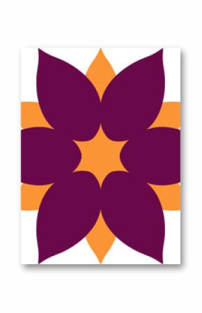 Flat floral emblem is displaying purple and orange petals around star core, transparent background