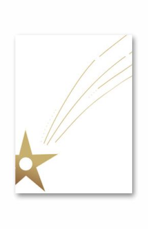 Flat design gold shooting star gliding on transparent background, trailing arcs and spark dots